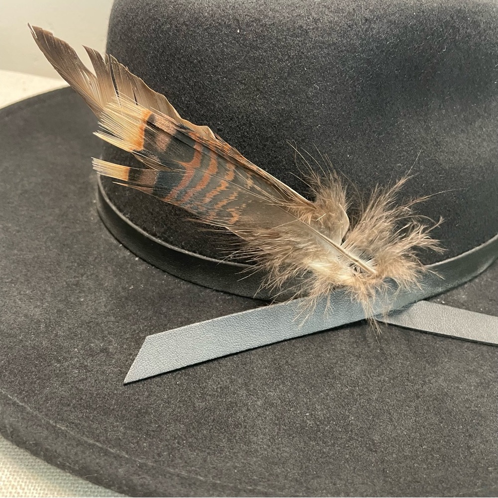 Wide Brim Black Wool Felt Fedora with Turkey Feather Detail - Picture 5 of 8